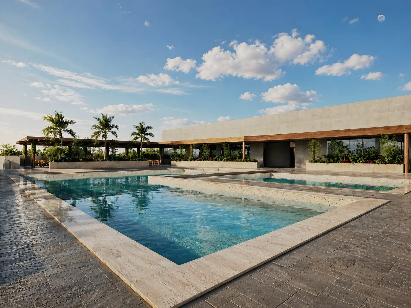 Piscina do clube com palmeiras