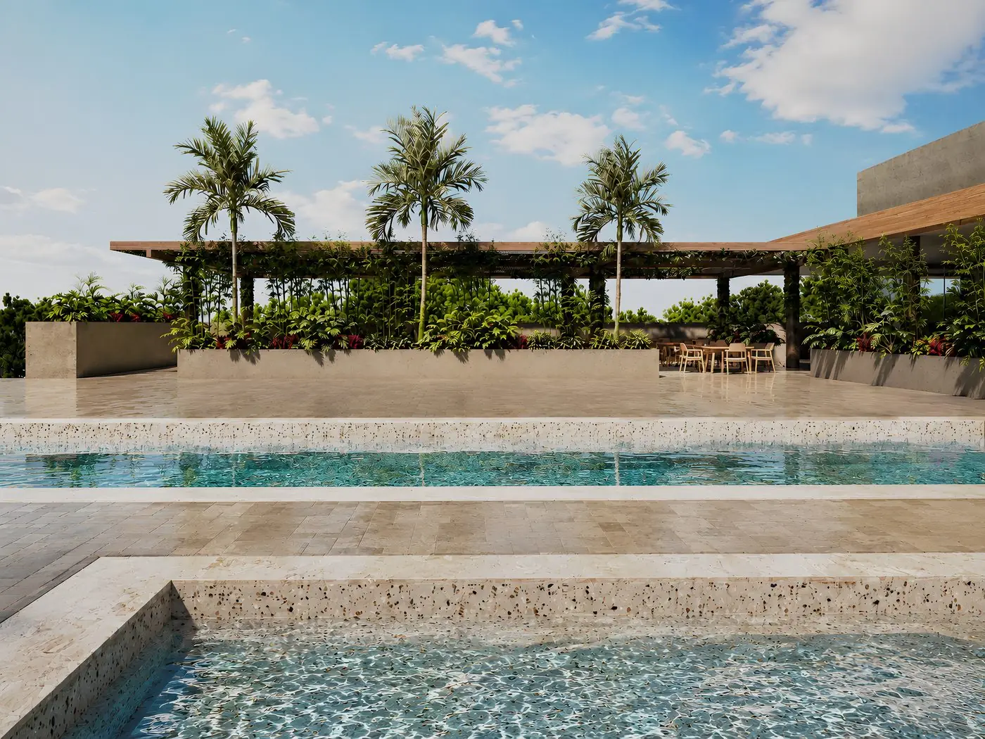 Piscina do clube com piso em terrazzo