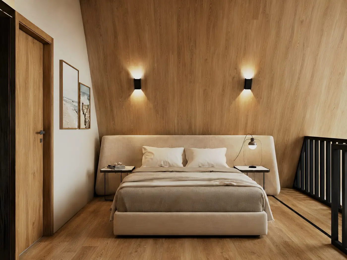 Suíte com cama de madeira