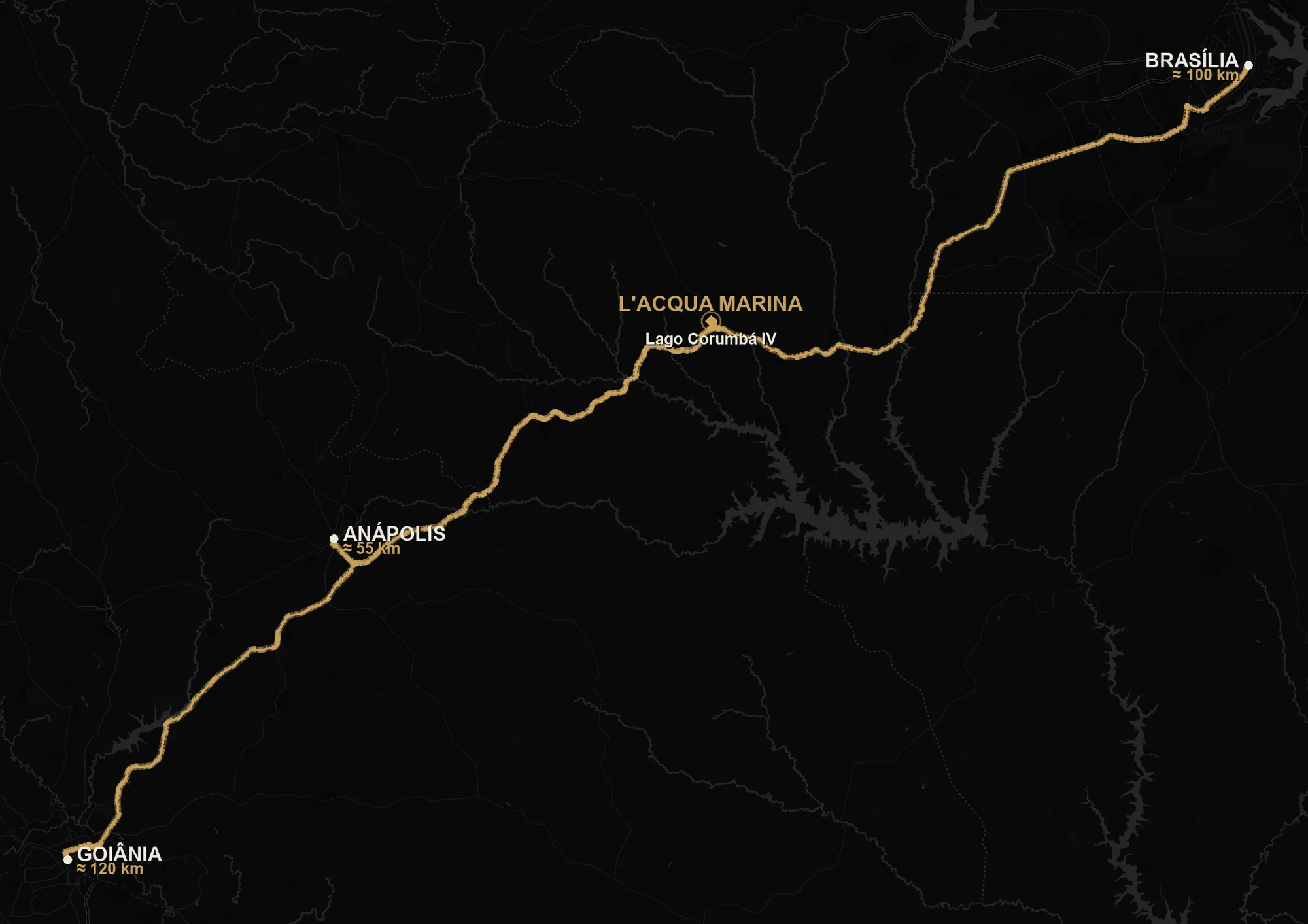 Mapa de rotas: Brasília, Goiânia e Anápolis até o L'Acqua Marina no Lago Corumbá IV